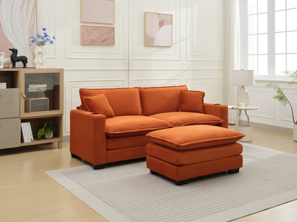 English Elm L Shape Sofa Couch With Usb Port & Cup Holder – Stylish Corduroy 2-Seater In Vibrant Orange & Footstool W2100S00136