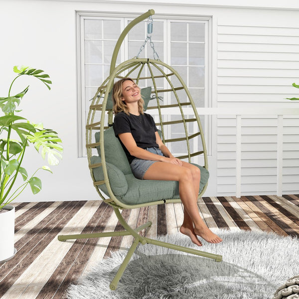English Elm Egg Hanging Chair with Stand Pe Rattan Swing Seat Washable Cushion Patio Bedroom T5880P497437