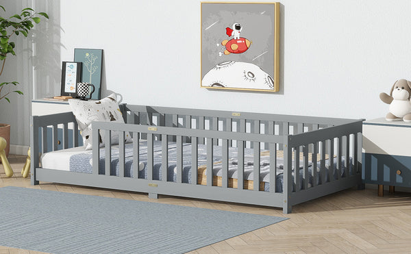 English Elm Twin Low Profile Rubberwood Floor Bed with Full Safety Fence for Toddler Rooms Grey W504P429333