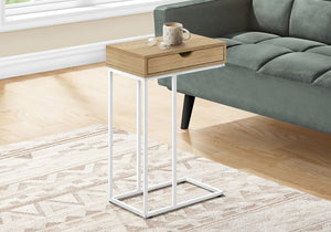 English Elm Accent C-shaped End Table with Sliding Base and Storage Drawer — Contemporary Metal Frame Design Natural 23 L x 17 W x 3 H B2710P219424