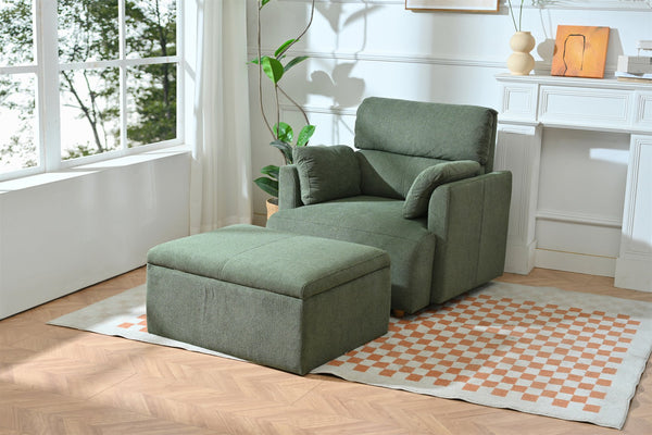 English Elm Oversized Storage Ottoman Accent Chair with Deep Wide Seat, Mid-Century Upholstered Lounge Sofa for Cozy Reading and Relaxation Dark Green W1028S00045