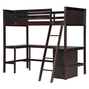 English Elm Twin Loft Bed with Built-in Desk and Open Shelves Solid Pine Kids Study Sleep Espresso LT001537AAP-1