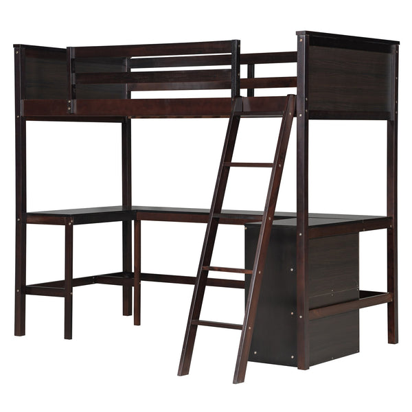 English Elm Twin Loft Bed with Built-in Desk and Open Shelves Solid Pine Kids Study Sleep Espresso LT001537AAP-1