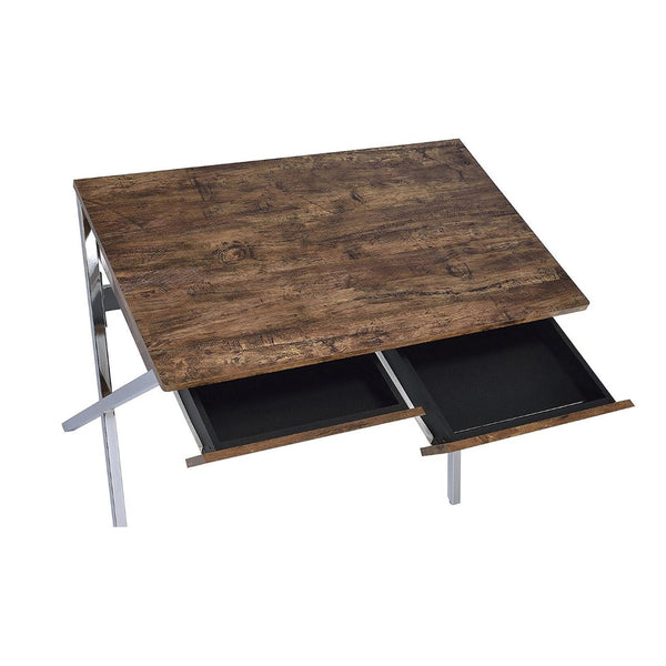 English Elm Rectangular Writing Desk With 2 Drawers, Weathered Oak Top & Chrome "X" Legs For Modern Spaces B016P311328-GIGA