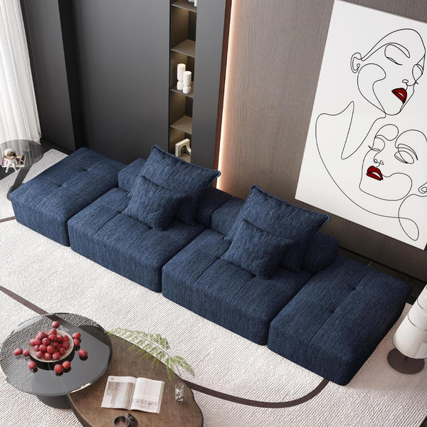 English Elm Modern Modular Sectional Sofa Set – Oversized Chenille Fabric Couch With 2 Ottomans & 4 Pillows, Blue W1885S00063