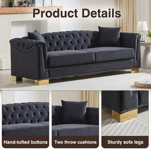 English Elm {video] Tufted Black Velvet Chesterfield Sofa with Gold Studs Three Seat Living Room Black+Blue W1926S00097
