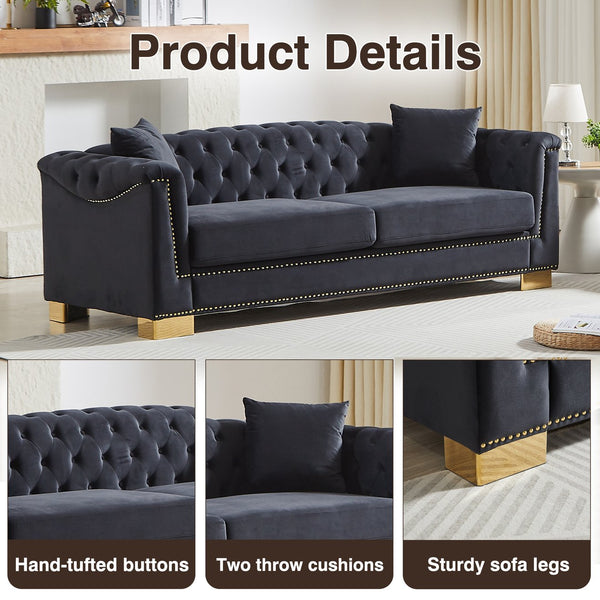 English Elm {video] Tufted Black Velvet Chesterfield Sofa with Gold Studs Three Seat Living Room Black+Blue W1926S00097