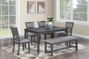 English Elm Dining Room 6-Piece Gray Rubberwood Set with Upholstered Cushioned Seats, Bench & Sturdy Rectangular Table B011S01625