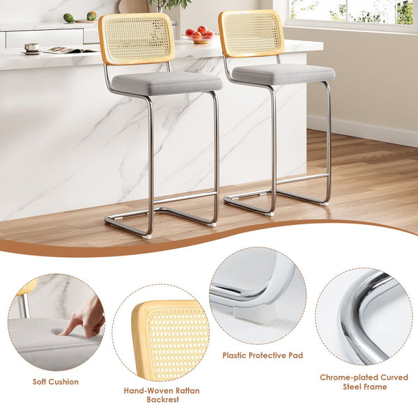 English Elm Counter Height Bar Stools Set Of 2 - Luxurious Gray Velvet & Rattan Back Armless Chairs For Style T3623P360715