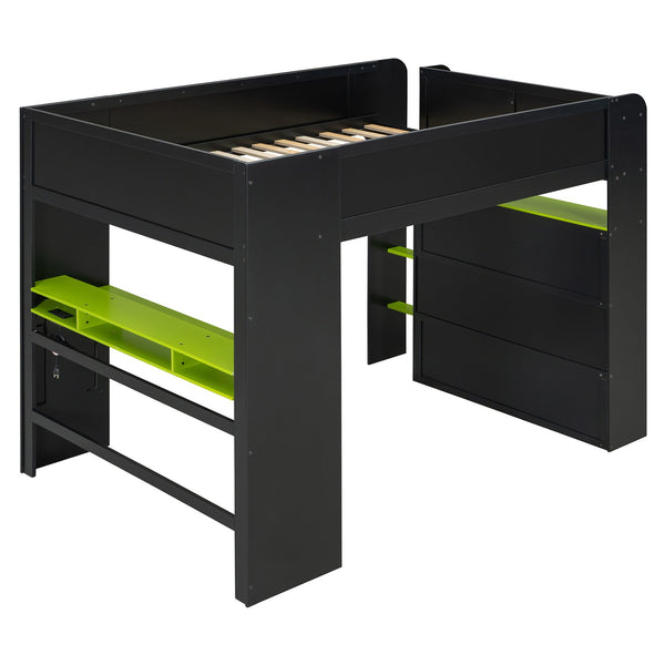 English Elm Full Size Gaming Bunk Bed with Rgb Lighting Integrated Desk Wardrobe and Storage Green LT100266AAG