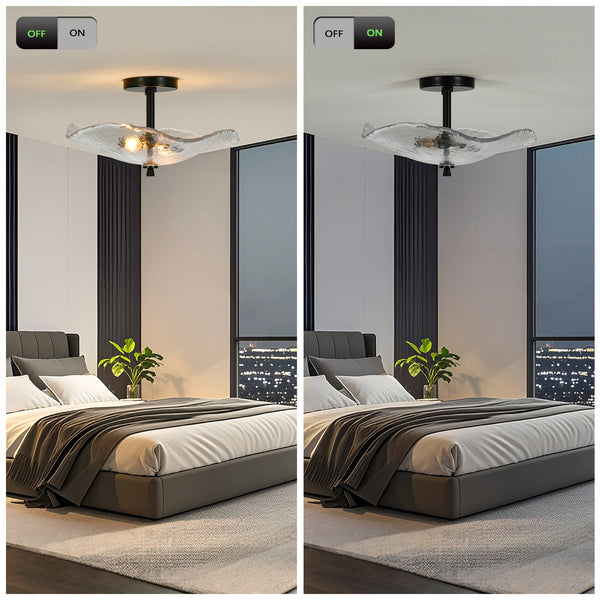 English Elm Ceiling Modern Flush Mount Light with Water Ripple Glass Shade, Black Semi-Flush LED Fixture for Hallway Bedroom Porch W2312P390005