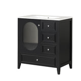 English Elm 30" Bathroom Vanity With Sink, Bathroom Vanity Cabinet With Three Drawers and Door, Solid Wood and Mdf, Black