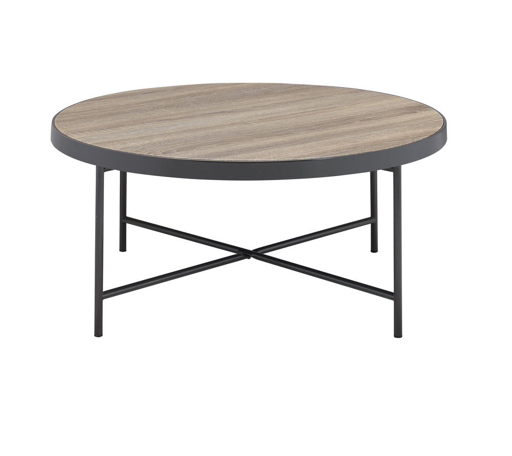 English Elm Bage Weathered Gray Oak Round Coffee Table with Metal Trim & X-Leg Support — Industrial Chic B2726P281462