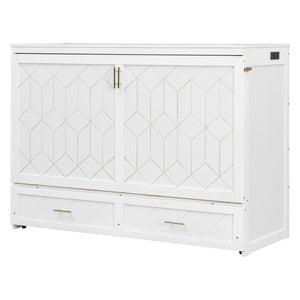English Elm Queen Murphy Wall Bed Cabinet with Storage Drawer Built-in Power Outlets Usb Ports White LP000400AAK-1