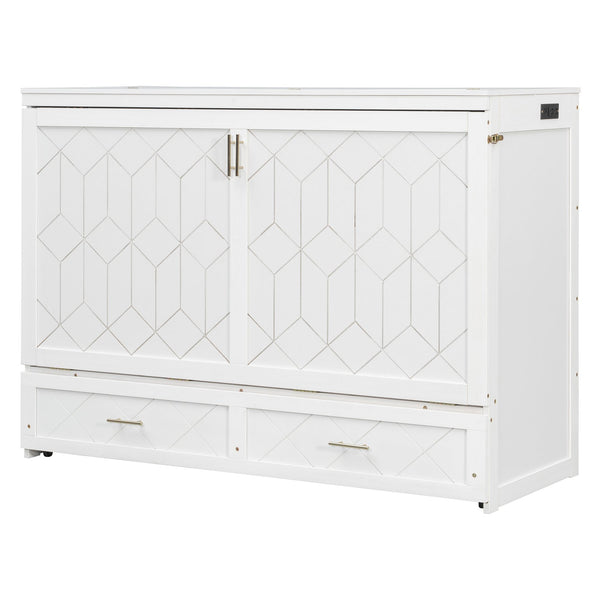 English Elm Queen Murphy Wall Bed Cabinet with Storage Drawer Built-in Power Outlets Usb Ports White LP000400AAK-1