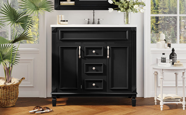 English Elm 36'' Modern Bathroom Vanity With Black Ceramic Top, Soft Closing Doors & Drawers For Stylish Storage N710P230231B