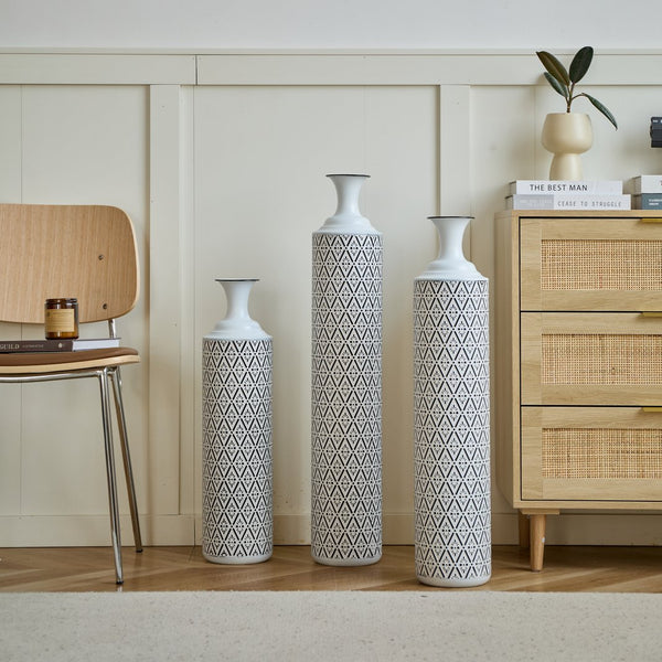 English Elm Floor Metal Vases Set of 3 White & Black Glazed Metal Cylinder Vases Tall Textured Gold Accent Decor W2796P278066