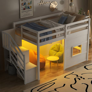 English Elm Twin Loft Bed Pinewood Frame with Storage Staircase Led Lighting and Window Cutout White GX000436AAK