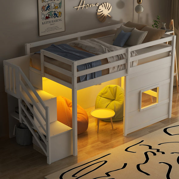 English Elm Twin Loft Bed Pinewood Frame with Storage Staircase Led Lighting and Window Cutout White GX000436AAK