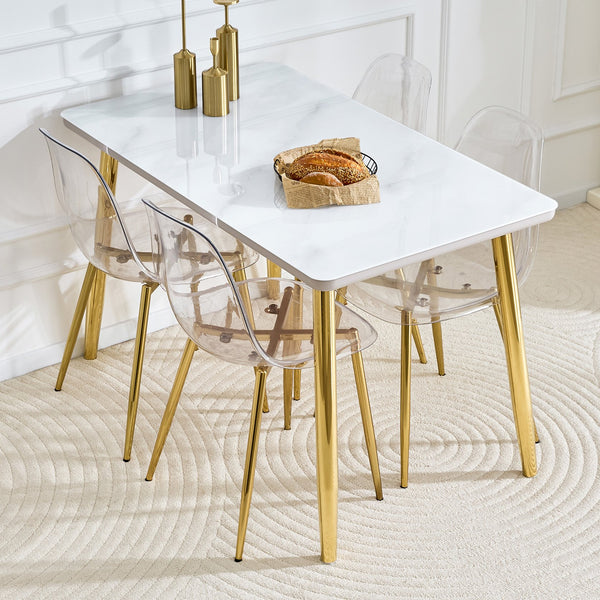 English Elm Table and Chair Set Marble Glass Top Gold Legs Four Seat Dining for Small Spaces Transparent,White+Gold W1151S04638