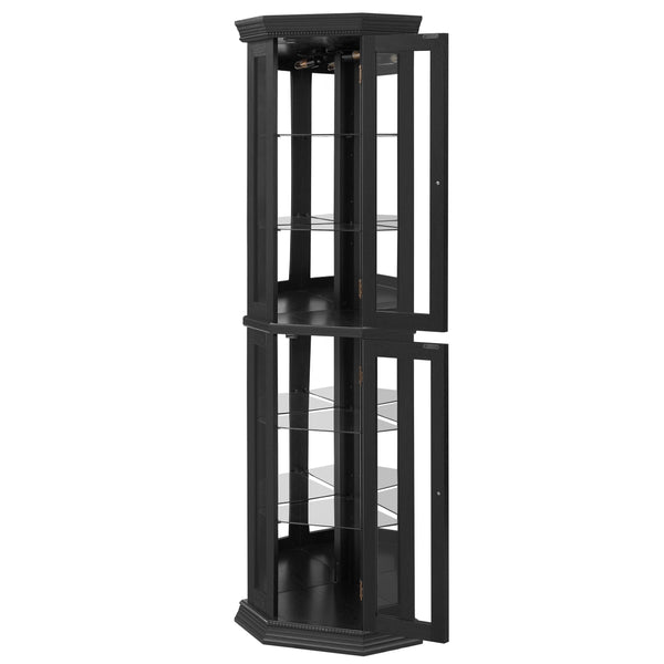English Elm Lighted Corner Curio Cabinet - Elegant Display With Adjustable Shelves & Ambient Lighting - Black W1758P300129