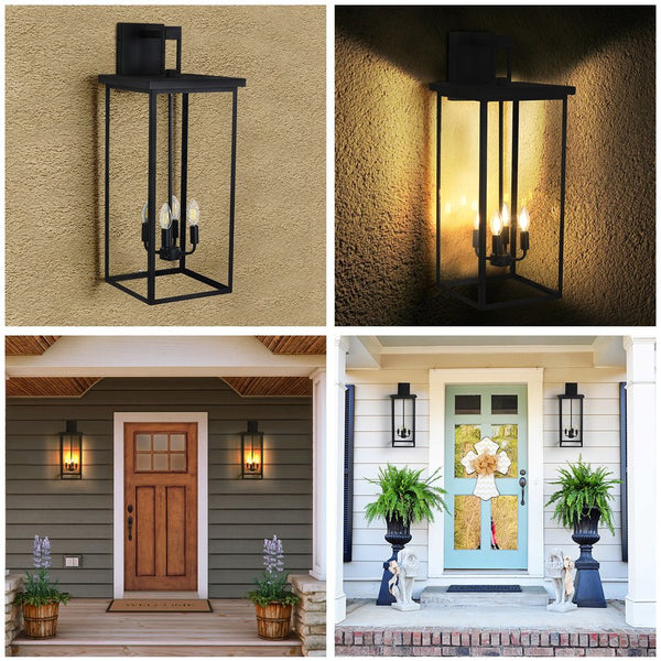 English Elm 30"(H) Elegant 4-Light Black Outdoor Wall Lantern Sconce Frosted Glass Weatherproof Porch Light W2312P374781