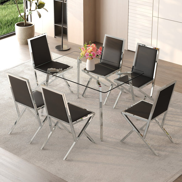English Elm Table and Chair Set Round Walnut Mdf Top Six Seat Dining with Gold Accent Legs Black+Silver,Transparent W1151S04787