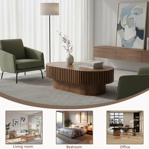 English Elm Oval Fluted Walnut Coffee Table Sculptural Pedestal Base Mid Century Living Room W3204P391004