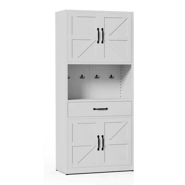 English Elm 71 Inch Steel Kitchen Pantry Cabinet with Adjustable Shelves Drawer and Hooks Modern White T2398P413028