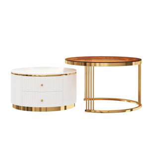 English Elm Modern Round Nesting Coffee Table Set with Gold Pedestal Legs and Storage Drawers Brown,White N735P349323D