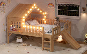 English Elm Twin Playhouse Loft Bed Solid Pine Frame with Slide Led Lights and Star Roof Natural W5316S00005