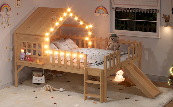 English Elm Twin Playhouse Loft Bed Solid Pine Frame with Slide Led Lights and Star Roof Natural W5316S00005