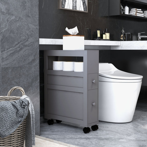 English Elm HOMCOM Slim Rolling Bathroom Storage Cabinet 6.25" W x 28.25" H Gray MDF, 2 Drawers & Shelf, Locking Wheels, 45 lb Capacity W2225P200615