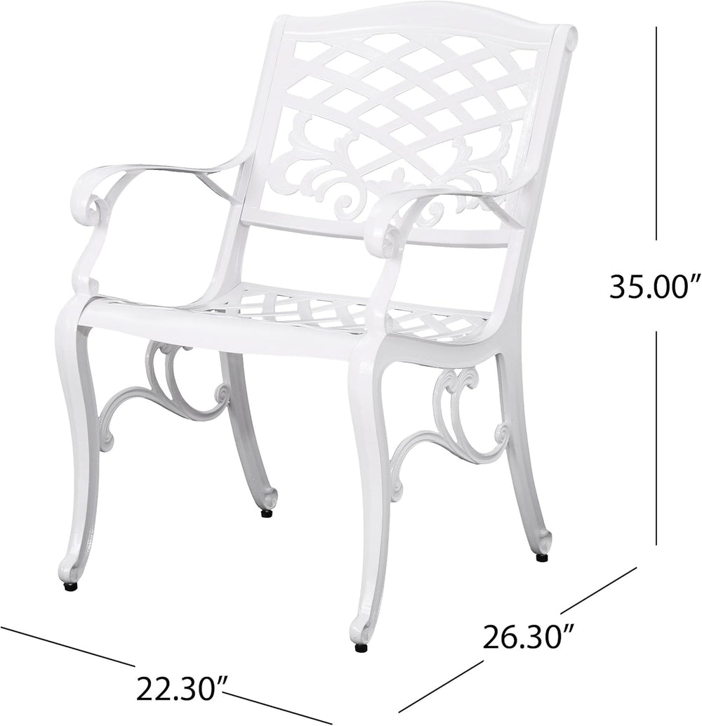 English Elm Christopher Knight Home® - Dieter White 4-Person Cast Aluminum Patio Dining Set with Lattice Scrollwork Table & Umbrella Hole 54589.00WHI-4_54588.00WHI