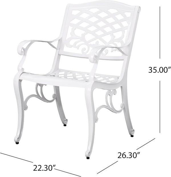 English Elm Christopher Knight Home® - Dieter White 4-Person Cast Aluminum Patio Dining Set with Lattice Scrollwork Table & Umbrella Hole 54589.00WHI-4_54588.00WHI