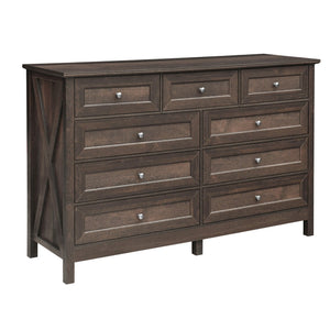 English Elm Wood Rustic Storage Dresser with 9 Drawers, Silver Handles and X Side Accents for Stylish Storage Brown N709P288888D