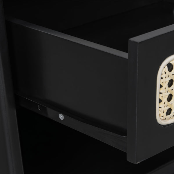 English Elm Black Rattan Panel Nightstand with Open Shelf Drawer Mdf Modern Bedroom Storage N770P374577B