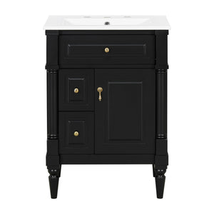 English Elm 24 Inch Freestanding Vanity with Ceramic Sink Rubberwood Frame Matte Finish Storage Black N725P356058B