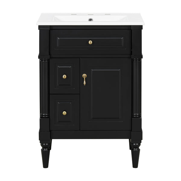 English Elm 24 Inch Freestanding Vanity with Ceramic Sink Rubberwood Frame Matte Finish Storage Black N725P356058B