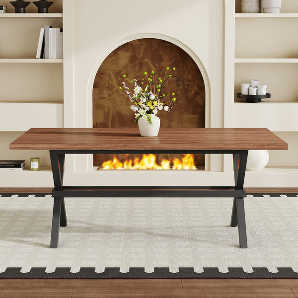English Elm 71 Inch Industrial Dining Table Walnut Mdf Top Seats 8 with X Frame Steel Base Walnut+Black W1151P434794