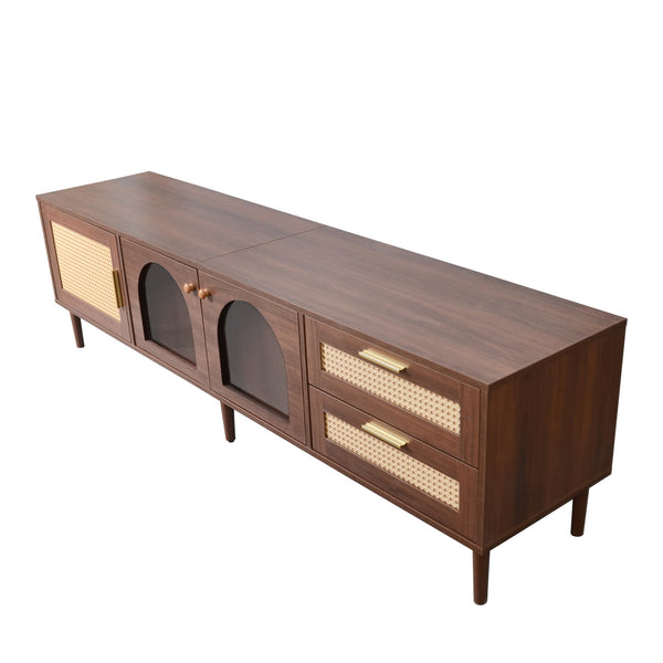 English Elm 70 Inch Rattan Media Console with Led Lighting Two Drawers Glass Storage Modern Living Room N710P396852P