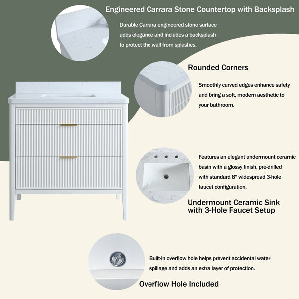 English Elm Fully Assembled 36 Inch White Bathroom Vanity with Carrara Marble Top and Soft Close Cabinet W1826P439634