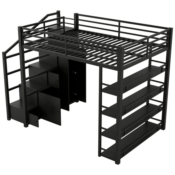 English Elm Full Full Size Metal Loft Bed with Storage Staircase, Shelves, Wardrobe & Guard Rail, Black 70" GX000664AAB