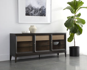 Sunpan Cecilia Sideboard - Elegant Mid-Century Design with Glass Doors, Smoke Grey Acacia & Brass Handles