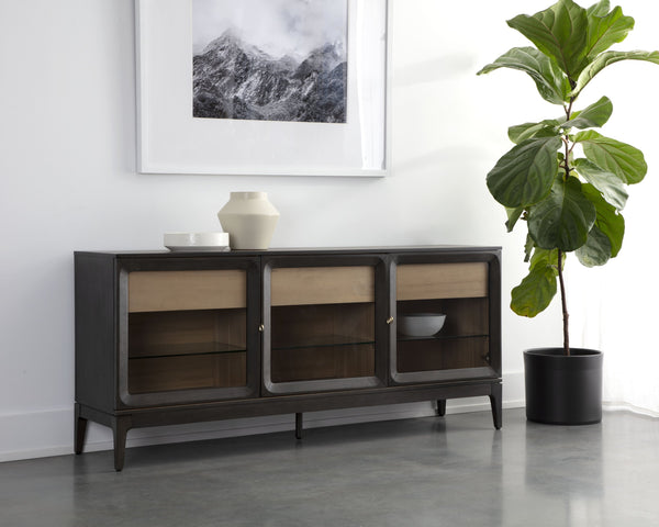 Sunpan Cecilia Sideboard - Elegant Mid-Century Design with Glass Doors, Smoke Grey Acacia & Brass Handles