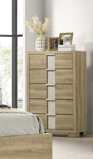 English Elm 1pc Tall Chest Five Drawer Wooden Bedroom Storage Cabinet with Metal Hardware and Sleek Profile Driftwood 33.94 L x 18.94 W x 46.93 H B2741P348918