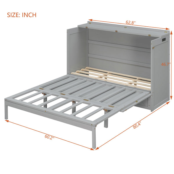 English Elm Queen Murphy Wall Bed Cabinet with Storage Drawer Built-in Power Outlets Usb Ports Gray LP000400AAE-1