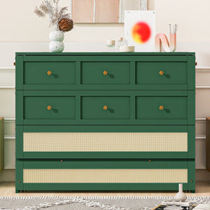 English Elm Full Size Murphy Wall Bed Cabinet with Rattan Panel Detailing and Storage Drawers Green N708P336203F