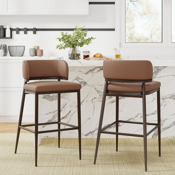 English Elm Christopher Knight Home® - Metal Industrial Leathaire Barstool Set of 2 with Comfortable Seat, Footrest, Non‑Slip Feet, Durable Frame Brown N771P247188W