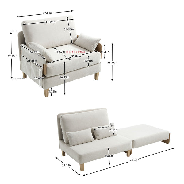 English Elm Foldable mid-century sleeper sofa bed recliner 3-in-1 convertible for small spaces with pillows and storage Beige W395P290556